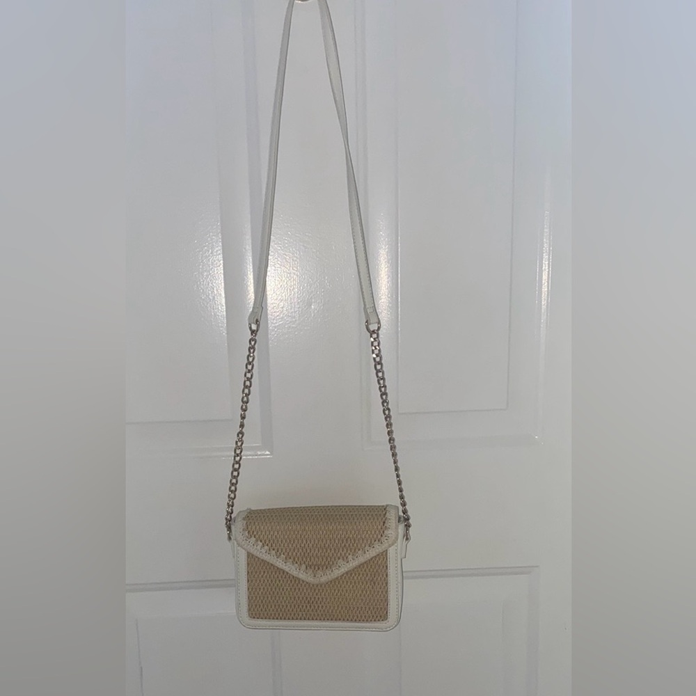Cream and Tan Structured Crossbody Bag with Chain Strap